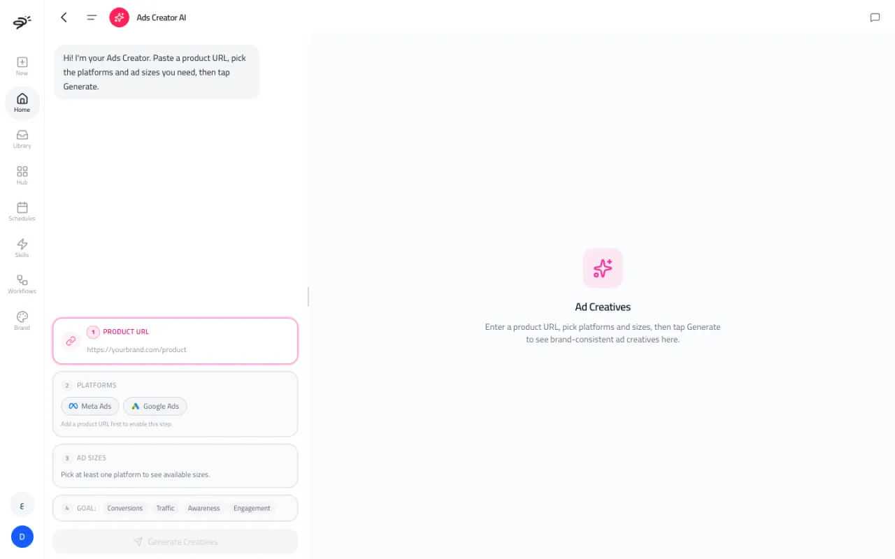The Ads Creator AI screen with four steps: product URL, platforms, ad sizes and goal, and an empty Ad Creatives panel