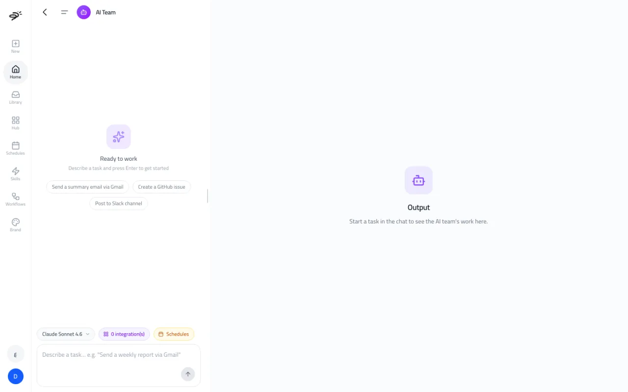 The AI Team screen with a task box, example tasks, a model button, an integrations button, a Schedules button, and an Output panel
