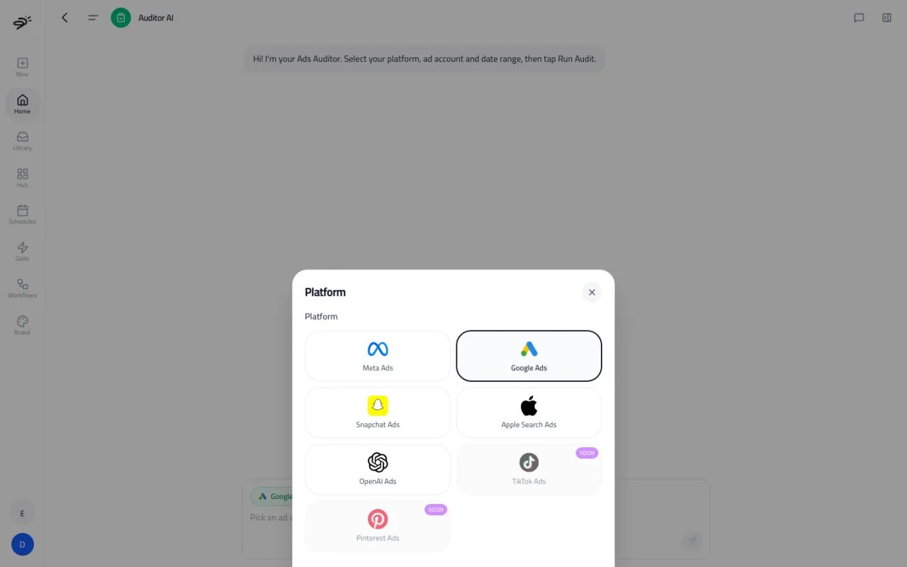 The Auditor AI platform picker showing Meta Ads, Google Ads, Snapchat Ads, Apple Search Ads and OpenAI Ads, with TikTok and Pinterest marked Soon