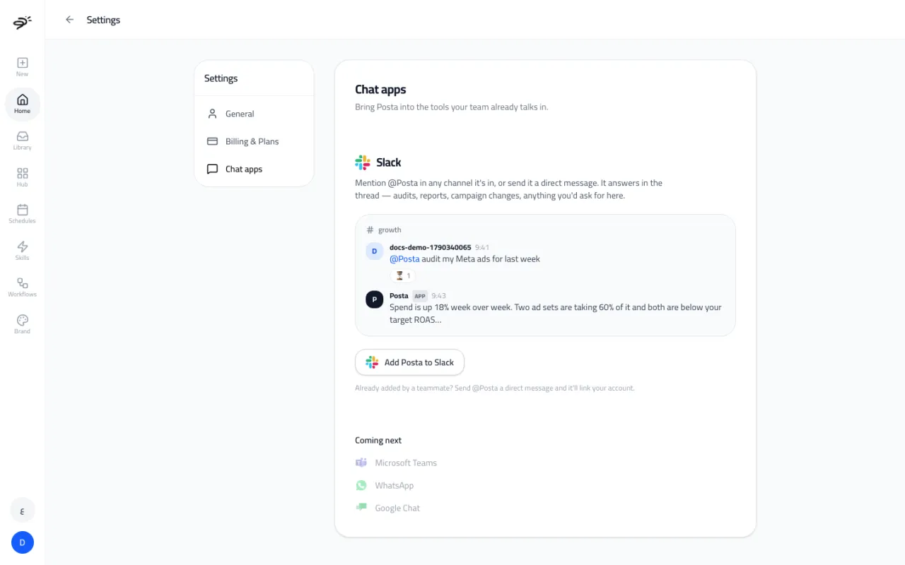The Chat apps settings with an example Slack conversation and an Add Posta to Slack button. Microsoft Teams, WhatsApp and Google Chat are listed as coming next