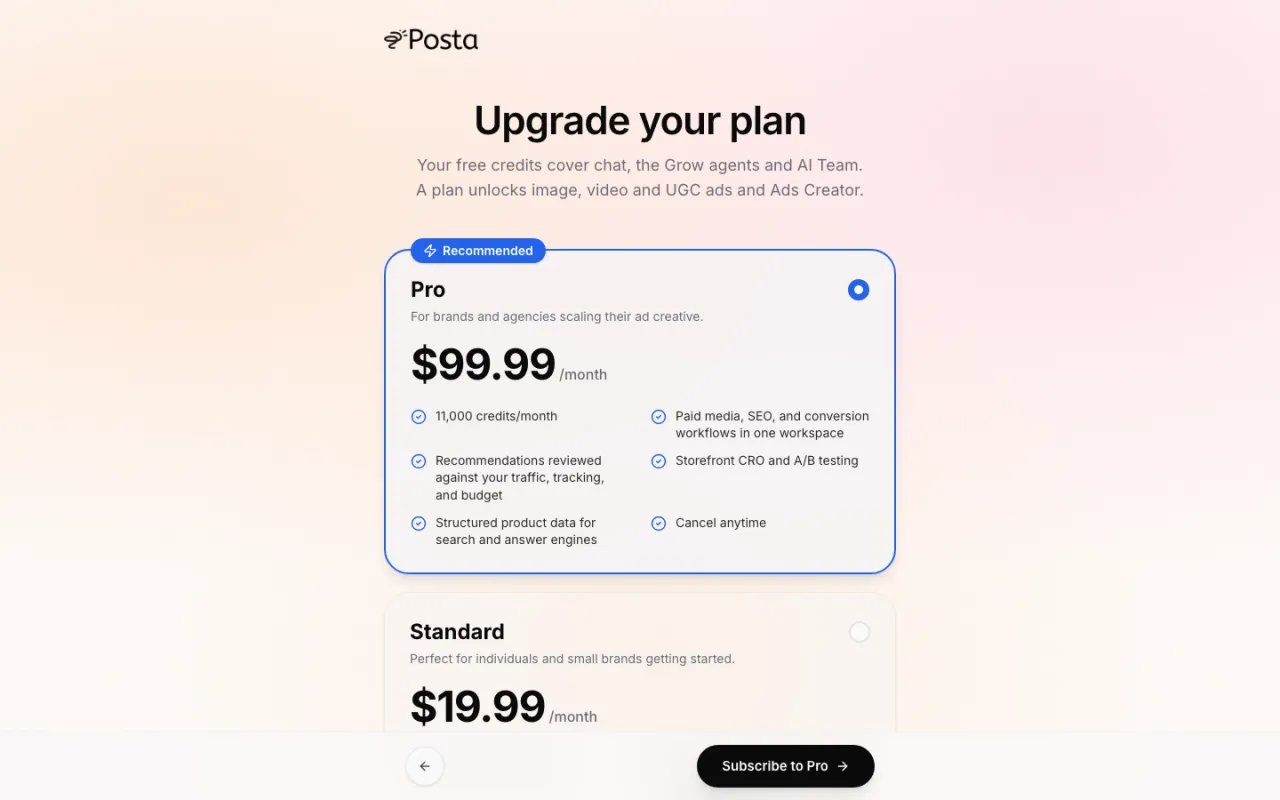 The Upgrade your plan page with the Pro plan selected and a Subscribe to Pro button