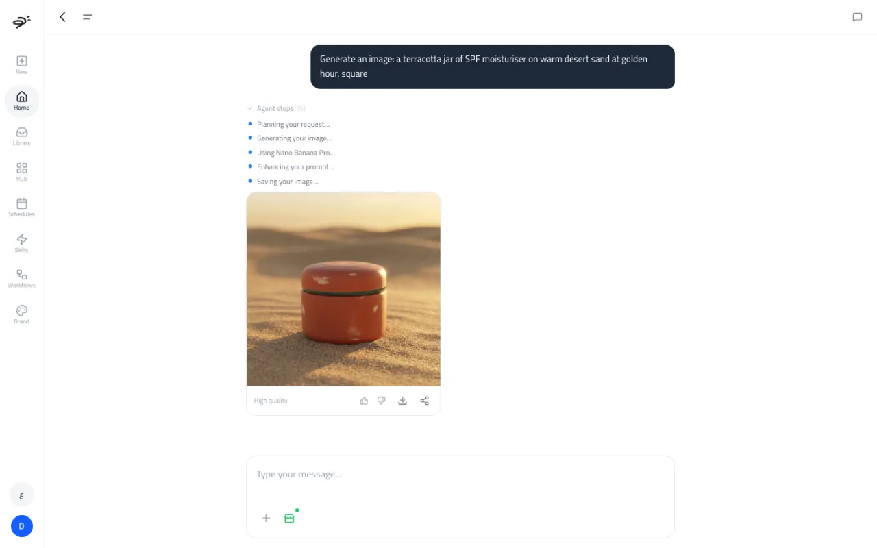 The Create chat showing a generated image of a terracotta jar on desert sand, with rate, download and share buttons