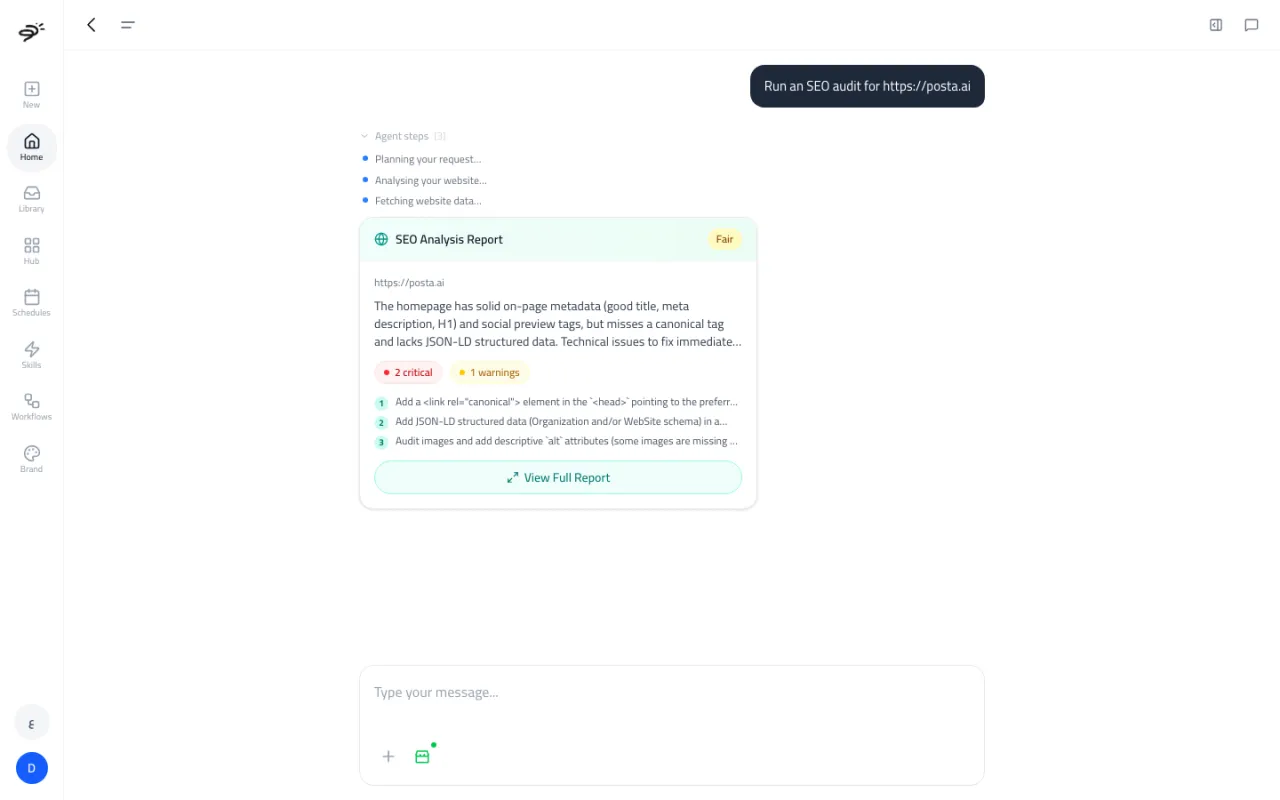 The Create chat showing an SEO Analysis Report card for posta.ai with 2 critical issues, 1 warning, and the top 3 fixes
