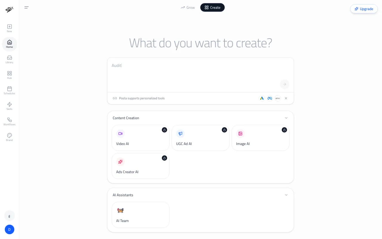 The Create tab on free credits, with lock icons on Video AI, UGC Ad AI, Image AI and Ads Creator AI, and an Upgrade button at the top