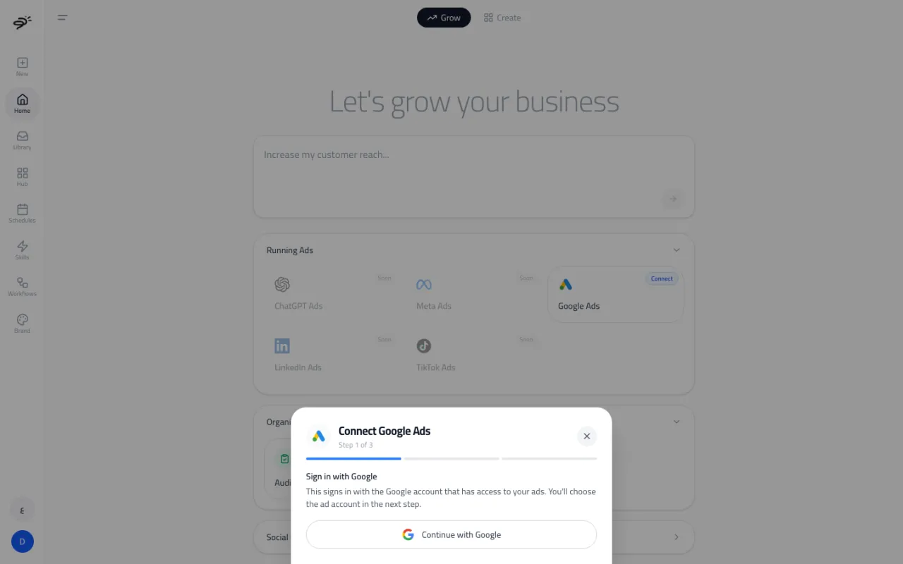 The Connect Google Ads window, step 1 of 3, with a Continue with Google button