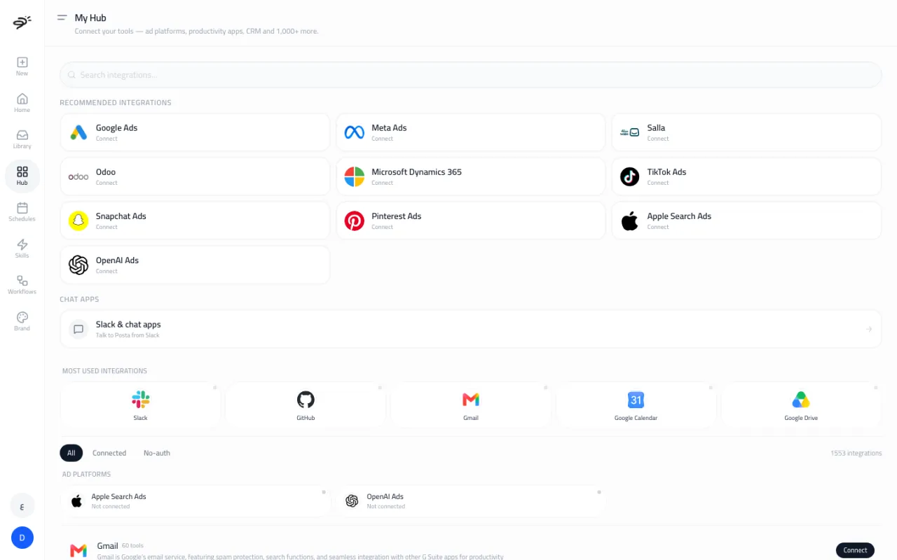 The Hub with recommended integrations like Google Ads, Meta Ads, Salla, Odoo and Microsoft Dynamics 365, a Slack tile, and the app catalog