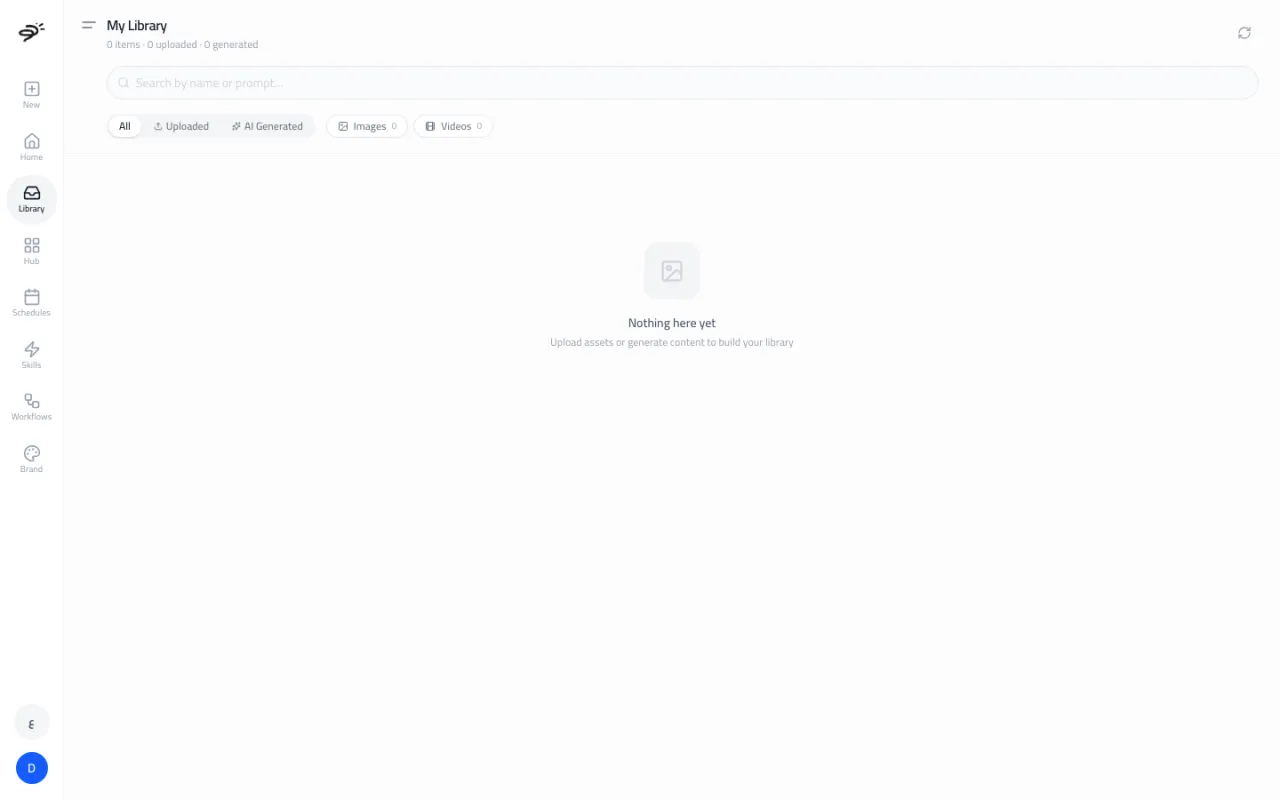 The My Library page with a search box and filters for All, Uploaded, AI Generated, Images and Videos