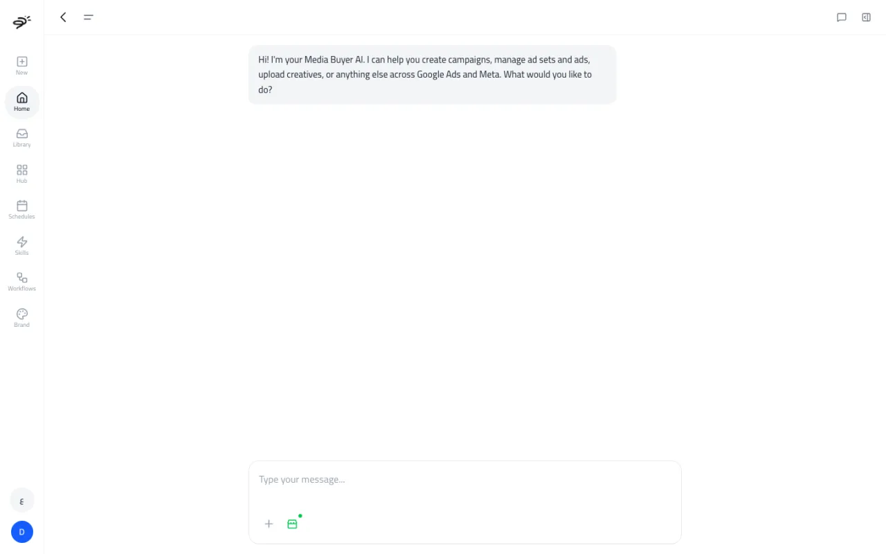 The Media Buyer AI chat greeting the user and offering to help with campaigns