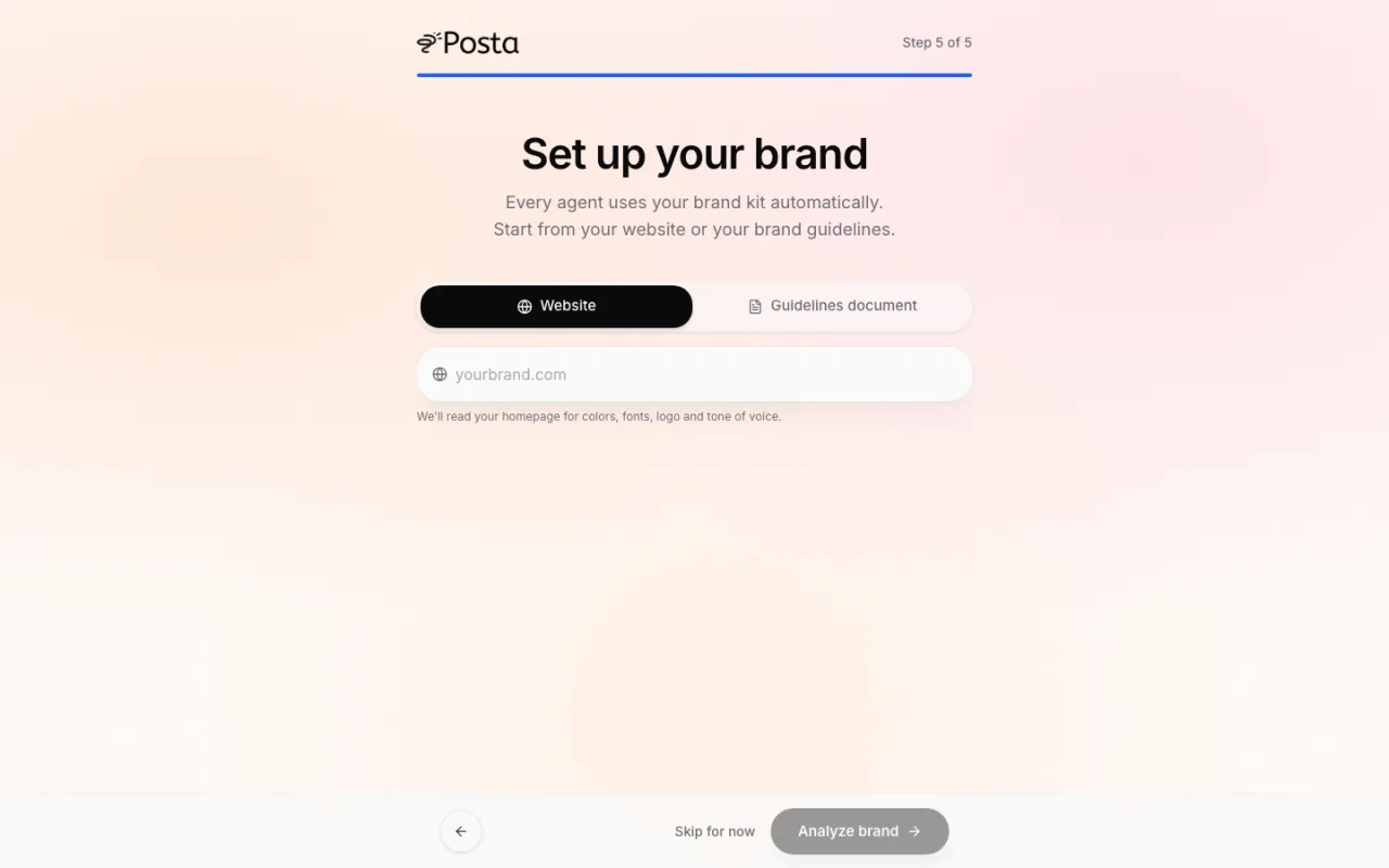 Setup step 5: choose Website or Guidelines document to build the brand kit
