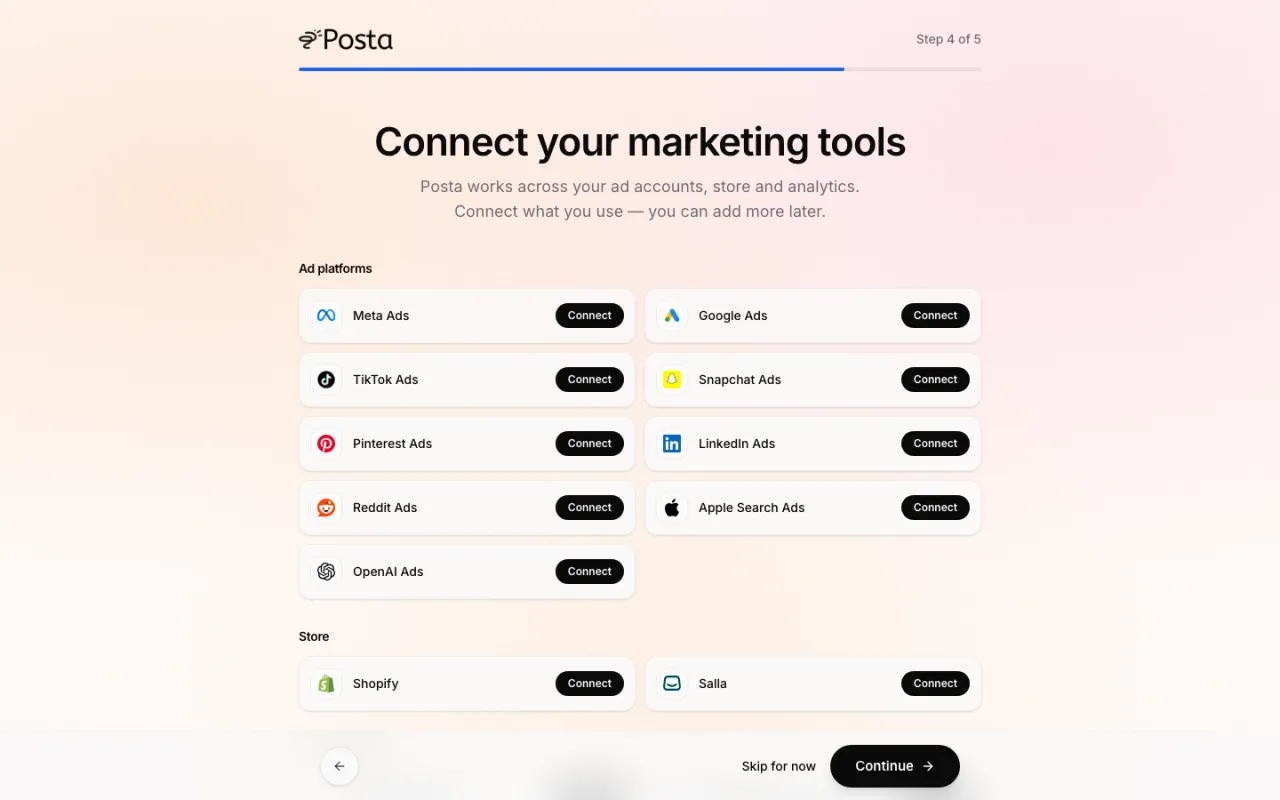 Setup step 4: a list of marketing tools such as Meta Ads, Google Ads and Shopify, each with a Connect button