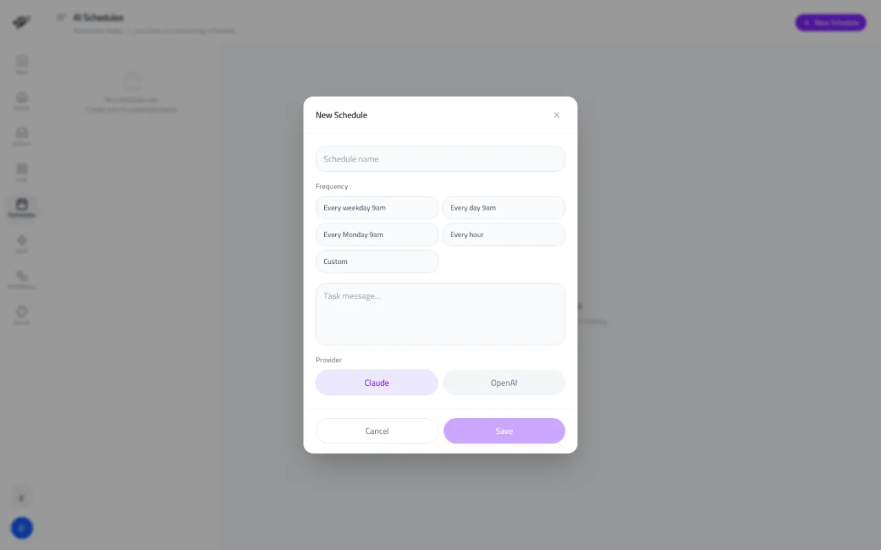 The New Schedule window with a name box, frequency options, a task message box and a provider choice