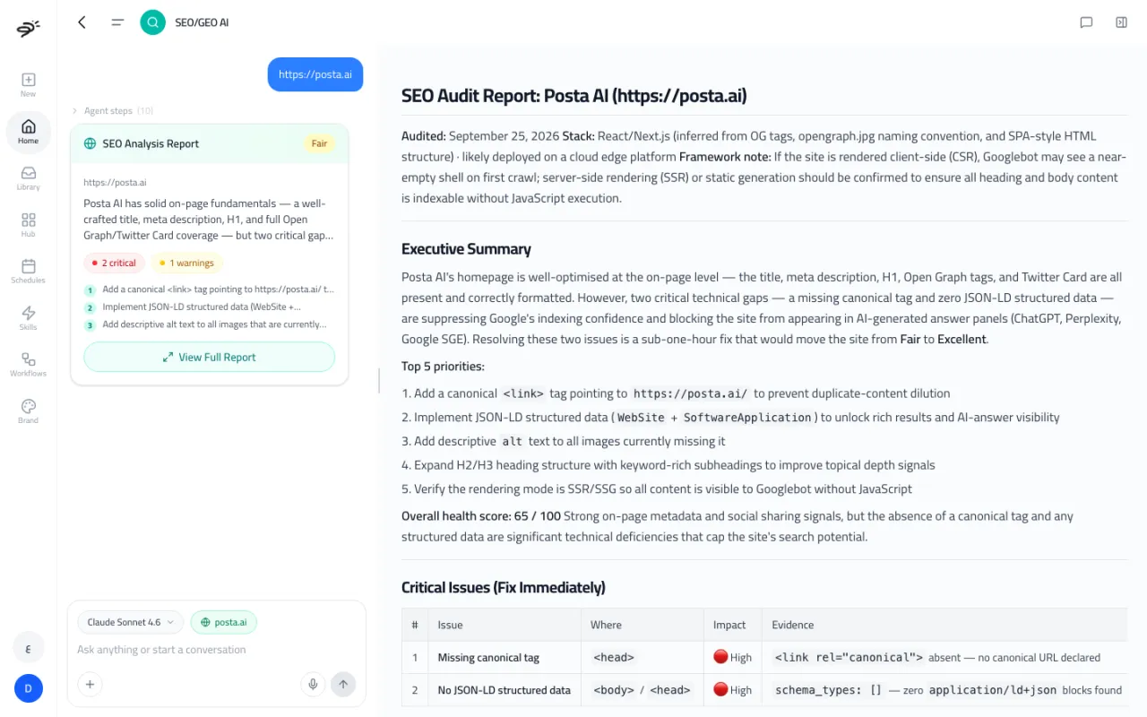An SEO audit report for posta.ai with a summary card on the left and the full report on the right, including a health score and a table of critical issues