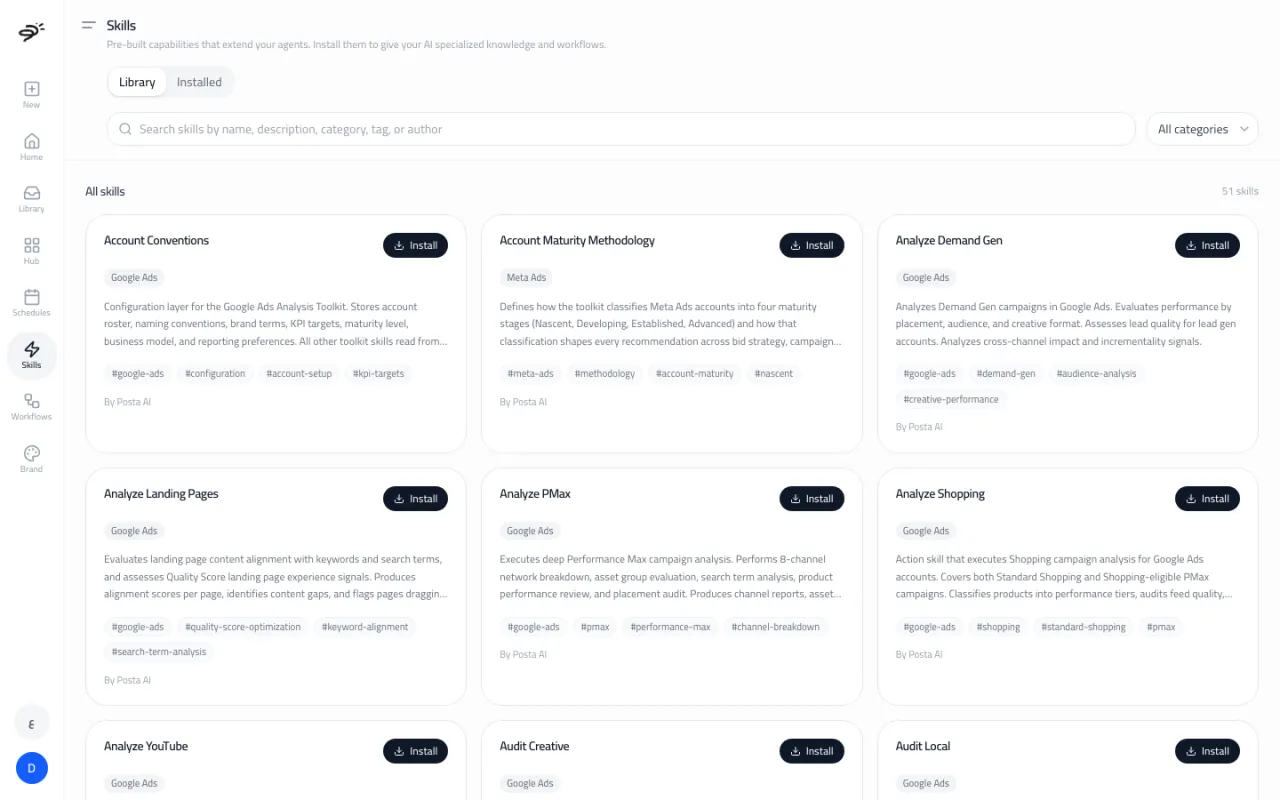 The Skills page with Library and Installed tabs, a search box, a category filter, and skill cards with Install buttons