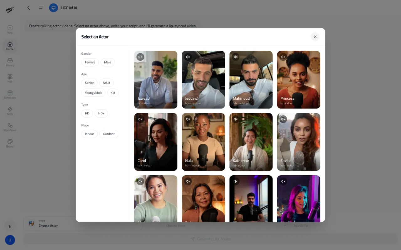The Select an Actor window with filters for gender, age, type and place, and a grid of AI actors
