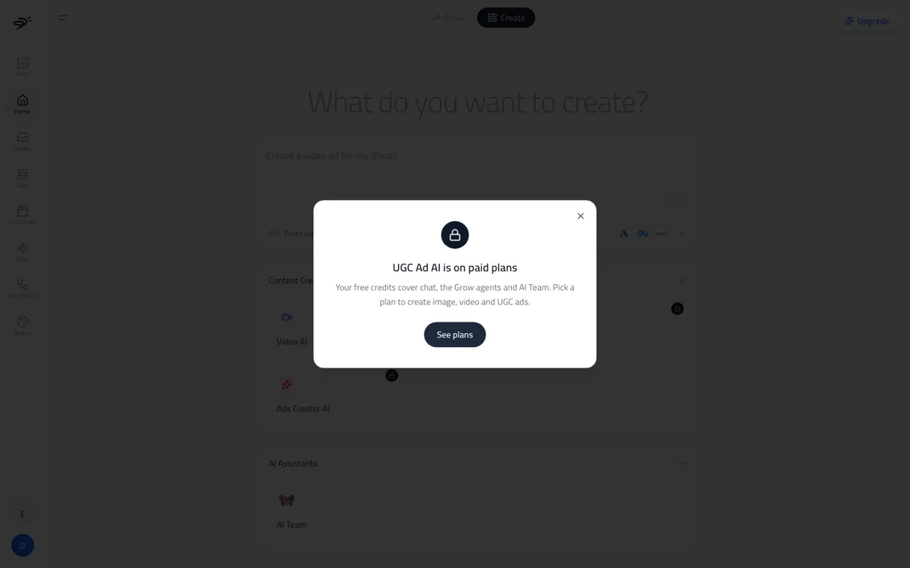 A dialog saying UGC Ad AI is on paid plans, with a See plans button