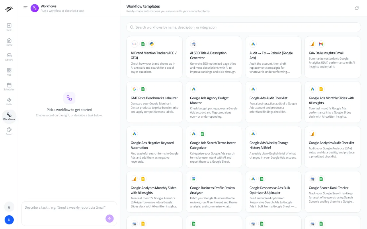 The Workflows page with a grid of workflow templates and a task box on the left