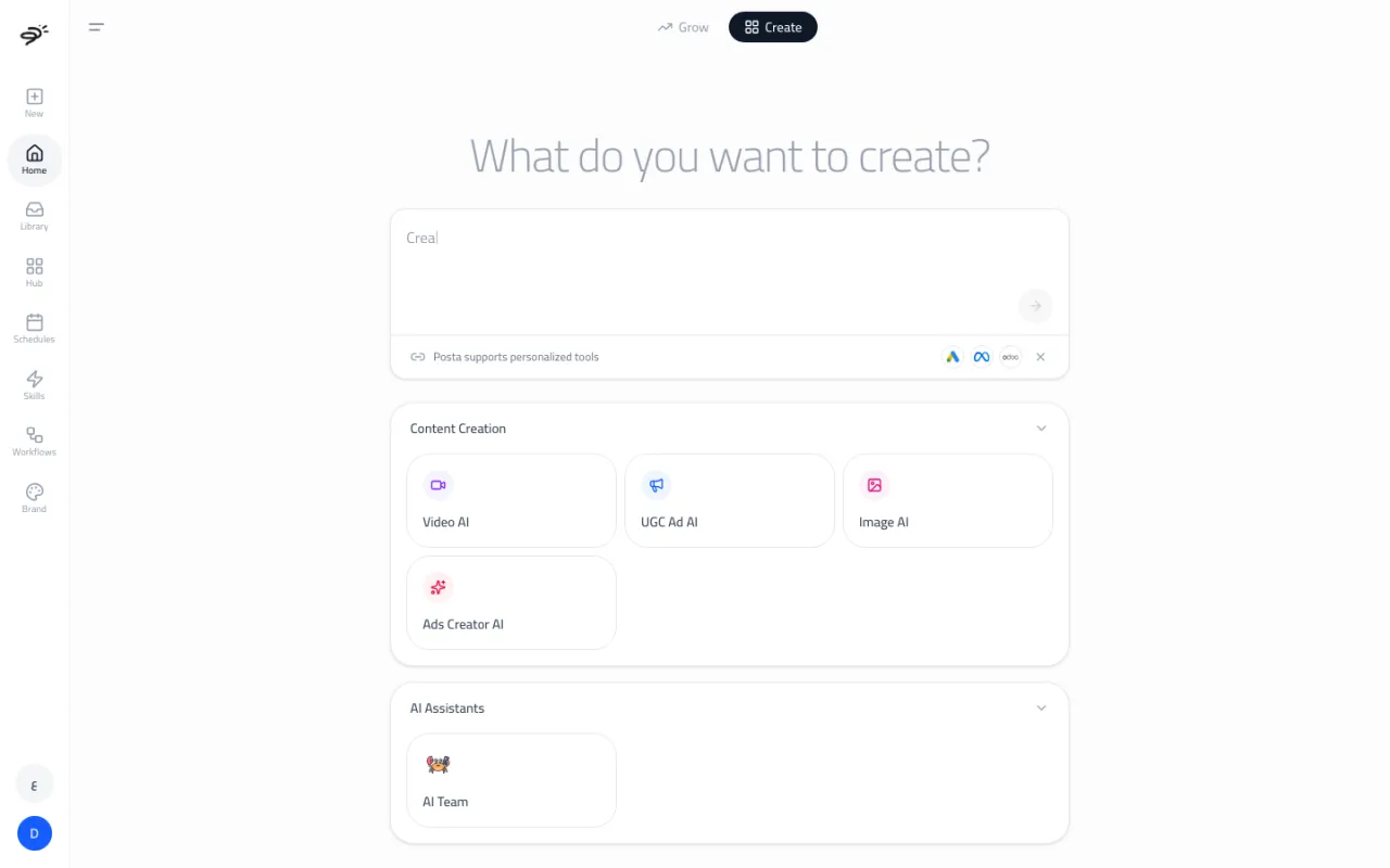 The Posta workspace on the Create tab, with a prompt box and cards for each content agent