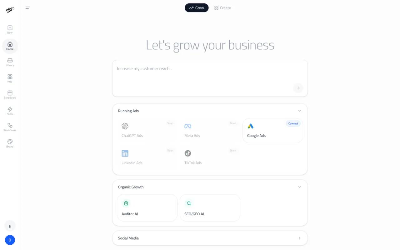 The Grow tab with a goal box, Running Ads platforms, Organic Growth agents and Social Media