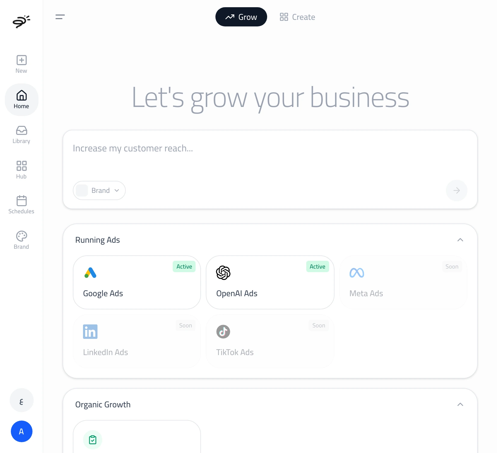 Posta dashboard with Grow and Create modes, a prompt composer, Running Ads, Organic Growth, and Social Media panels.