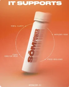 Orange ad for Somepower with a bottle ringed by diagram labels