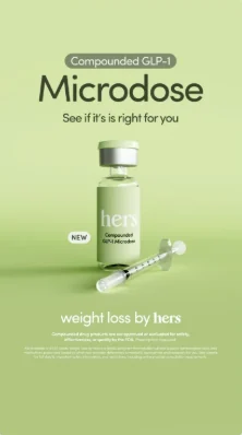 Green Microdose ad for a hers GLP-1 product with a vial and syringe