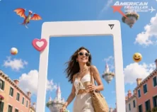 Illustrated travel ad with a woman in a frame over a European street