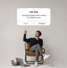 Hot Take dialog over a man sitting in a chair pointing upward